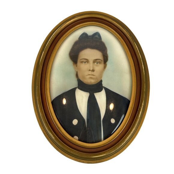 Unbranded Other - Antique Portrait Woman Convex Oval Wood Frame Victorian Stern Face